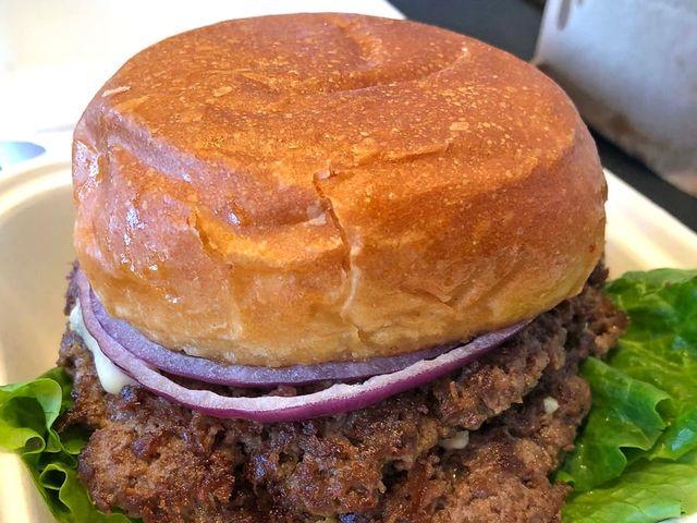 Illustrative photo of a thick burger with cheese and onion